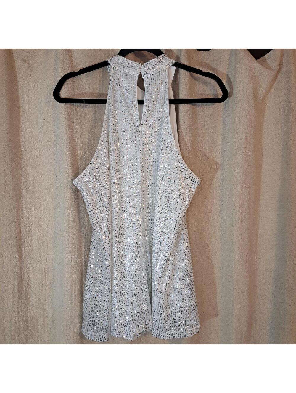 White Sequin Halter Top with Keyhole Back - Picture 3 of 4